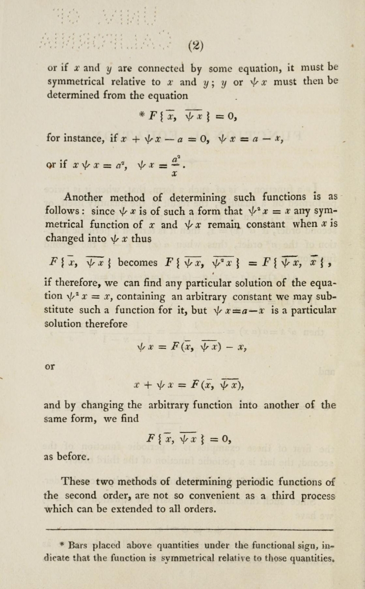 Page 2 from Babbage's short book, Examples of the solutions of functional equations (1820).