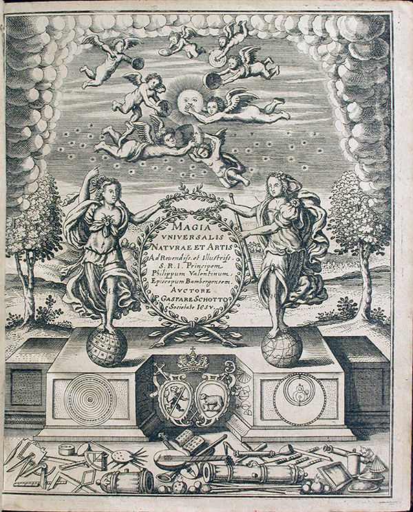 Frontispiece of the first volume to Magia universalis naturae et artis by Gaspar Schott, 1657