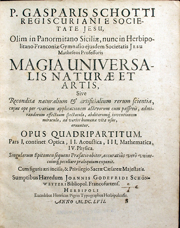 Title page of the first volume to Magia universalis naturae et artis by Gaspar Schott, 1657