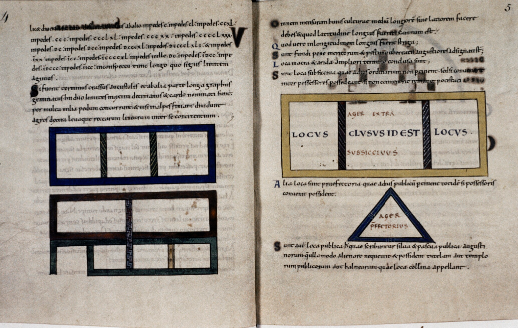 Pages 4-5 of a medieval manuscript from England titled De Geometria.