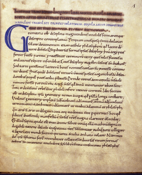 Page 1 of a medieval manuscript from England titled De Geometria.