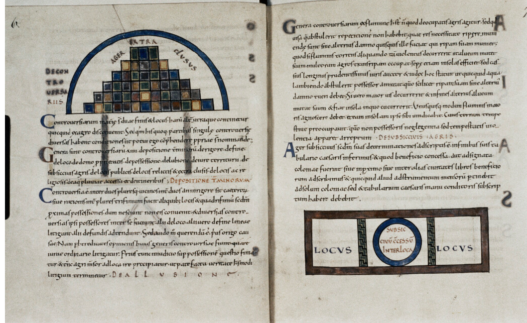 Pages 6-7 of a medieval manuscript from England titled De Geometria.