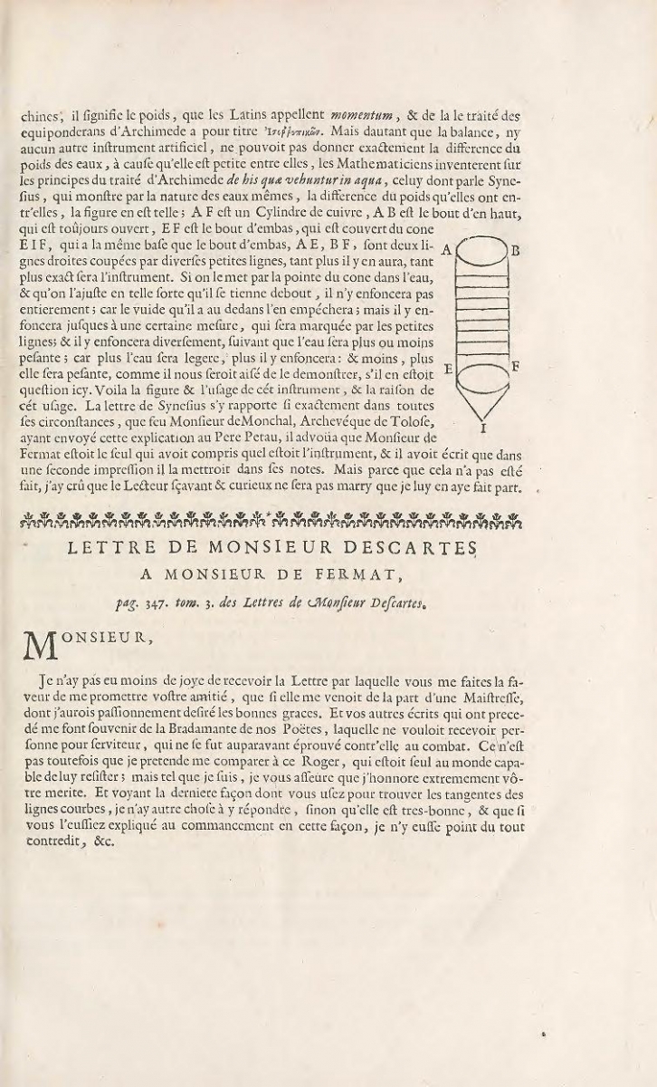 Beginning of letter from Descartes to Fermat from the Varia Opera Mathematica.