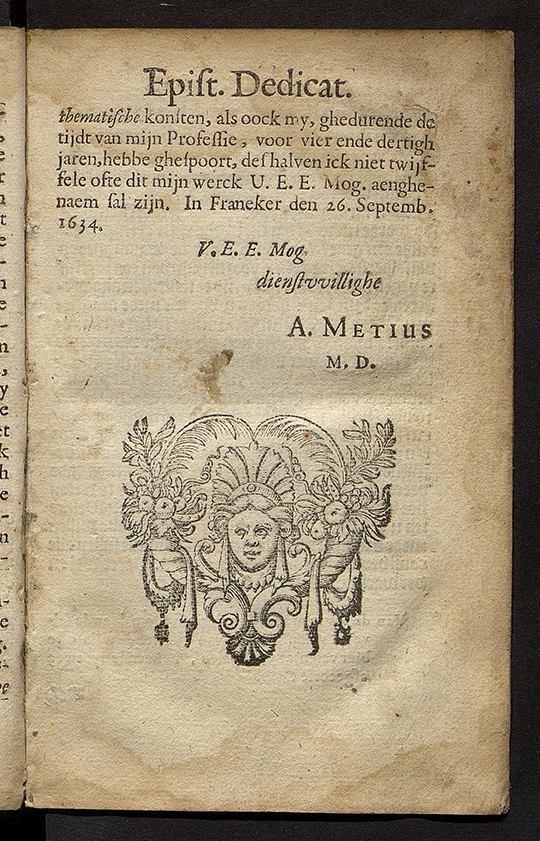 Third page of preface from  Manuale arithmetice et geometrie practice by Adriaan Metius, 1634