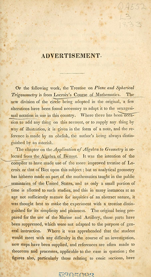 Advertisement for Farrar's translation of Bézout's and Lacroix's trigonometry textbook.