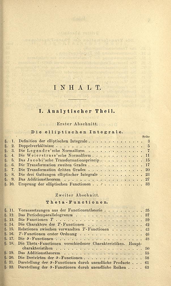 First page of table of contents of Elliptische Functionen und Algebraische Zahlen by Heinrich Weber