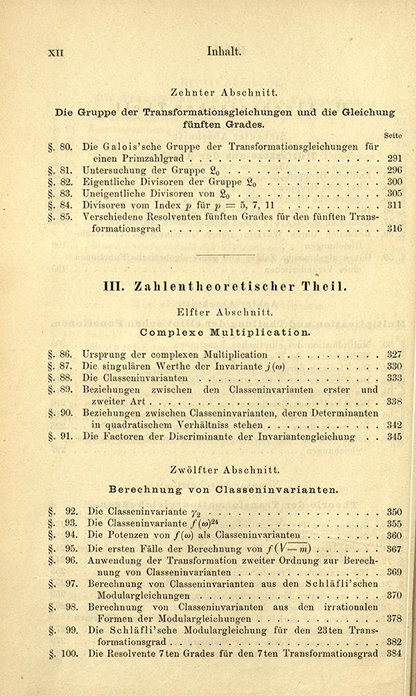Fourth page of table of contents of Elliptische Functionen und Algebraische Zahlen by Heinrich Weber