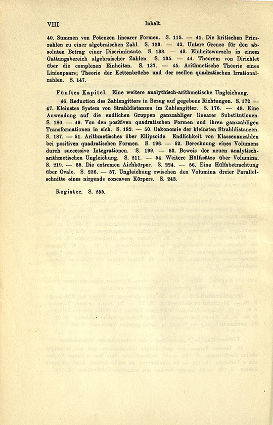 Second page of table of contents from Geometrie der Zahlen by Herman Minkowski, 1910