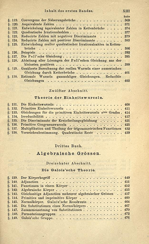 Fifth page of the table of contents for the first volume of Lehrbuch der Algebra