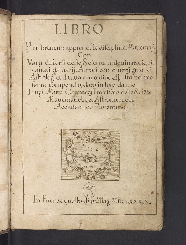 Cover page for Luigi Maria Cagnacci's manuscript on astrology and mathematics, prepared after 1689.