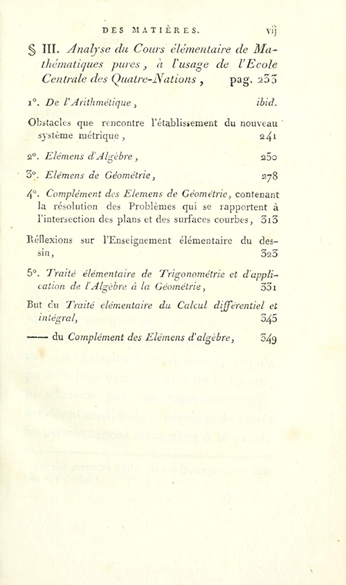Third page of table of contents for Essais sur L’Enseignement en Général by Sylvestre Lacroix, second edition, 1816