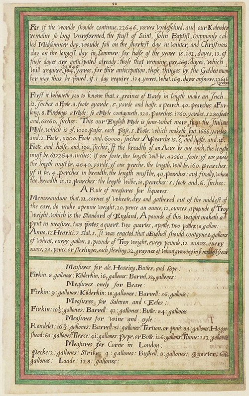 Page of common measurements and unit conversions from the Trevelyon Miscellany