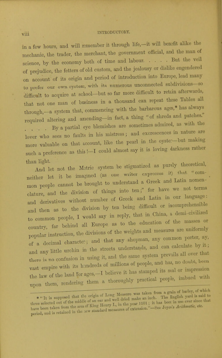 Page viii from Henry Rutter's 1866 The Metric System of Weights and Measures.