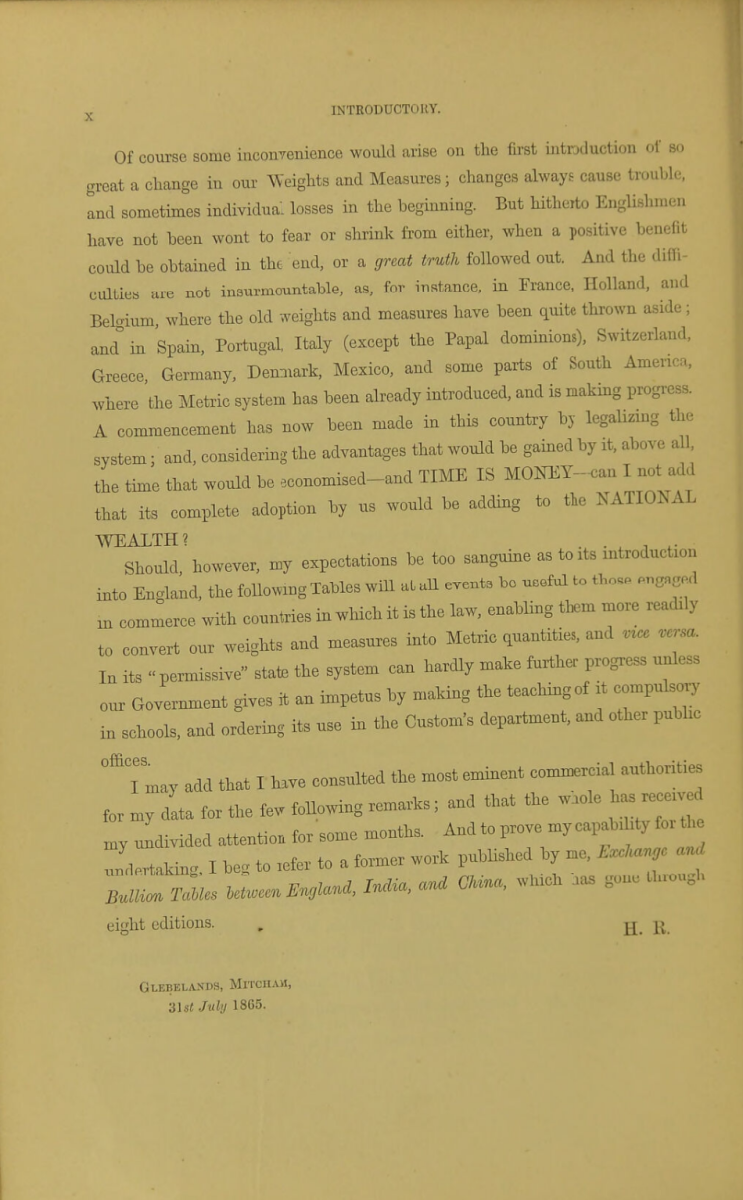 Page x from Henry Rutter's 1866 The Metric System of Weights and Measures.