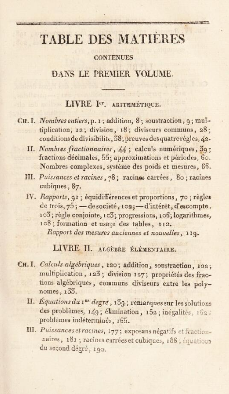 First page of table of contents from 1819 second edition of Francœur’s Cours Complet Mathématiques Pures.