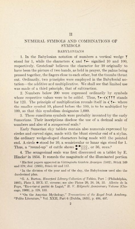 Beginning of chapter 2 from Florian Cajori’s two-volume A History of Mathematical Notations (1928–1929).