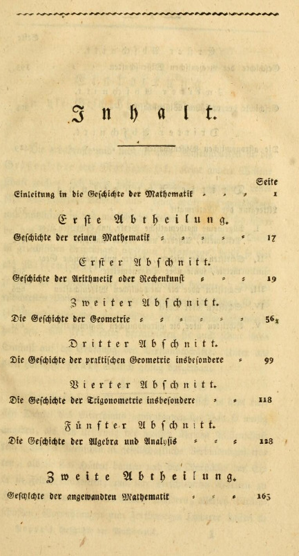 Table of contents from Johann Heinrich Moritz Poppe's 1828 Geschichte der Mathematik.