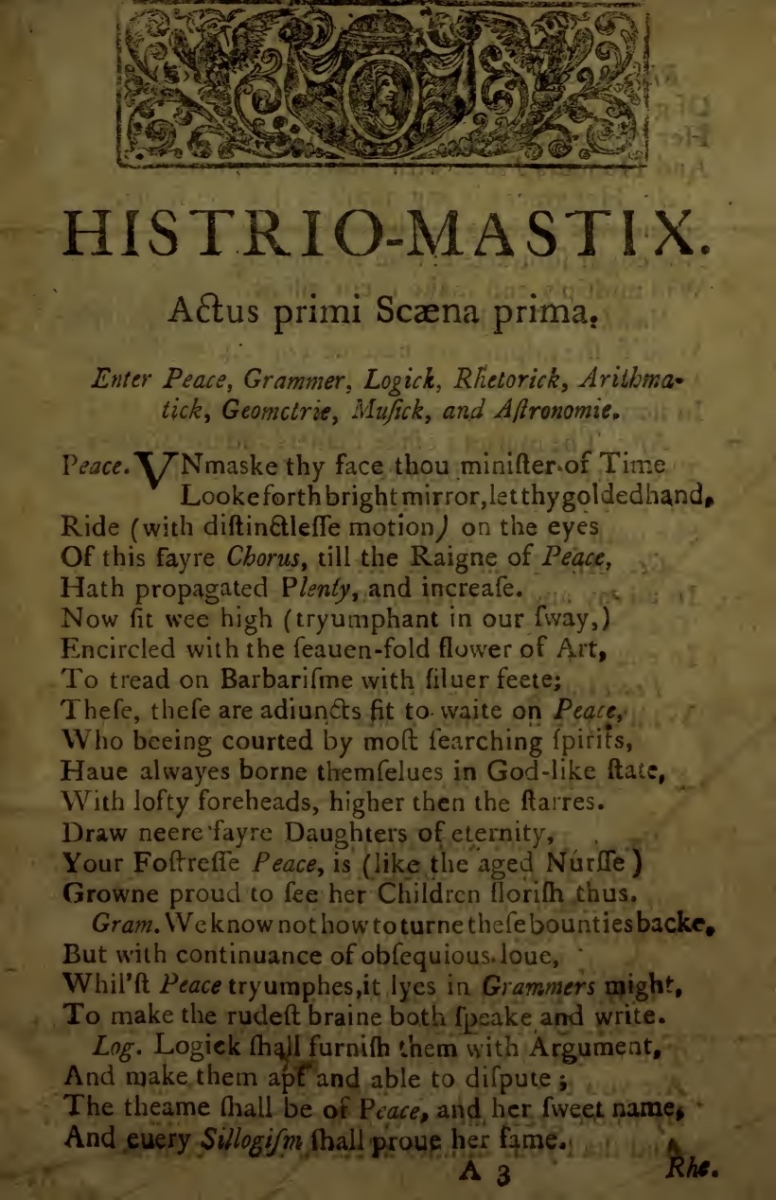 Title page for John Marston's play, Histrio-Mastix.