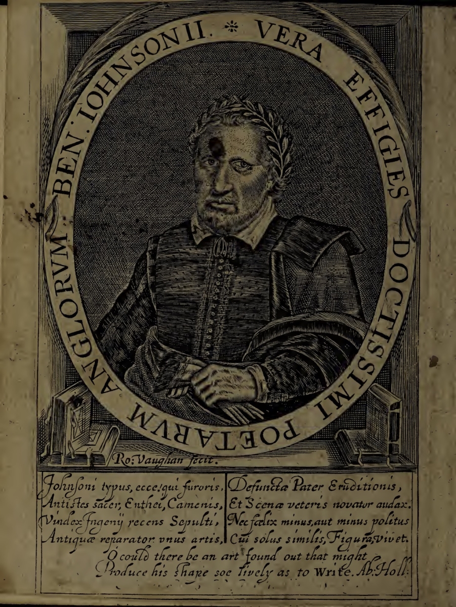 Portrait of Ben Jonson from the frontispiece of one of his plays.